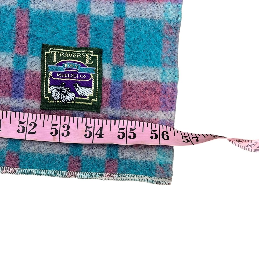 Vintage Traverse Bay Woolen Co Wool Blanket 56x81 Plaid Pink Aqua Purple USA - Picture 9 of 10